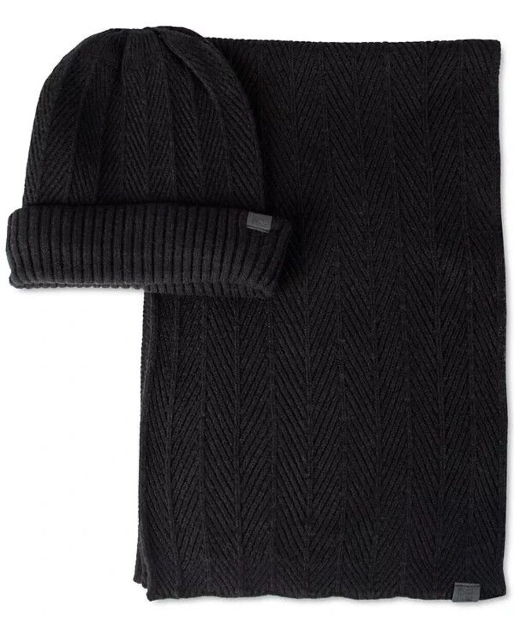 KENNETH COLE REACTION Mens Beanie Hat Scarf Set Herringbone Knit Logo Gift
